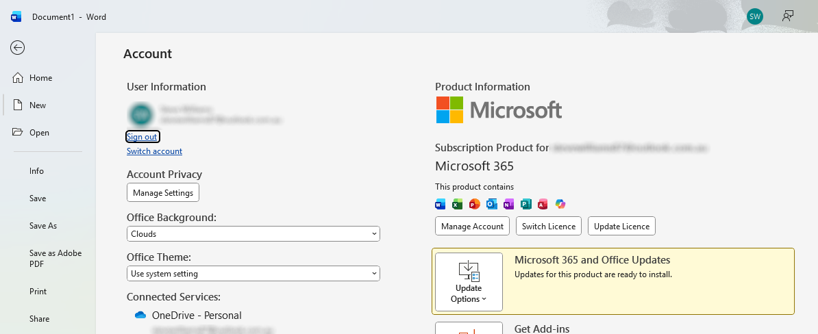 File Account information in Word